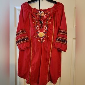 Johnny Was Embroidered Redish/Pink Lace-up Tunic Dress Small Size S